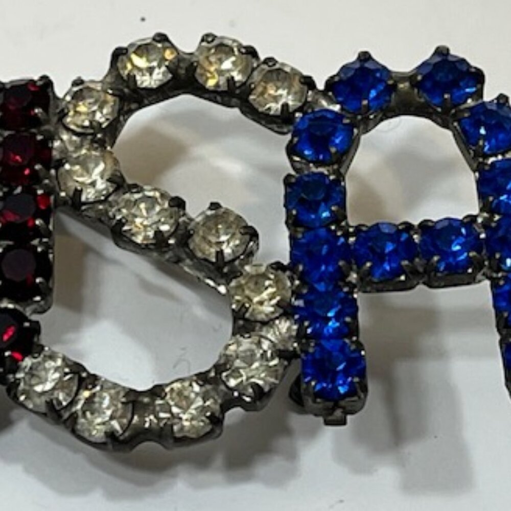 VTG USA Patriotic Brooch Red Clear Blue Prong Set Rhinestones Hat Vest Pin 2"x1" - Picture 5 of 11
